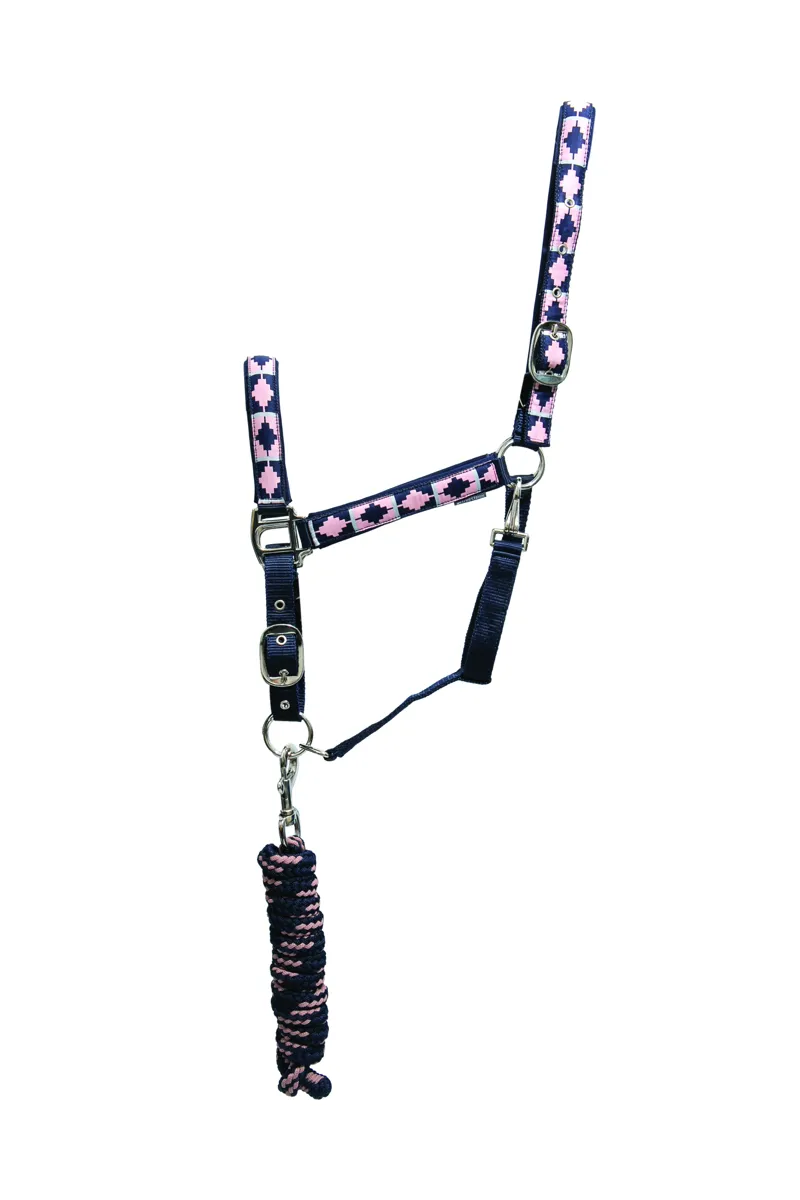 Hy Equestrian Woven Polo Head Collar And Lead Rope - Navy/Rose